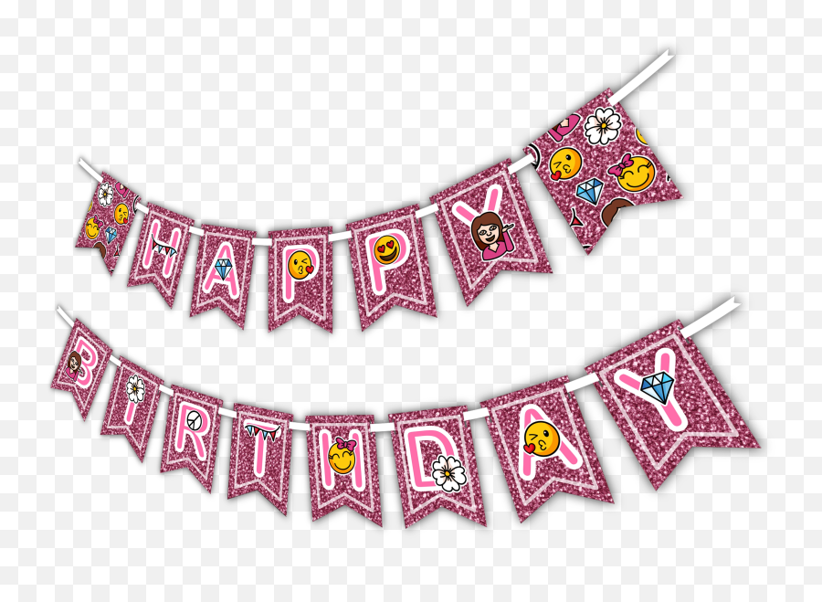 Girl Pink Glitter Emoji Happy Birthday Party Banner - Embroidery,Happy Birthday Emoji Free