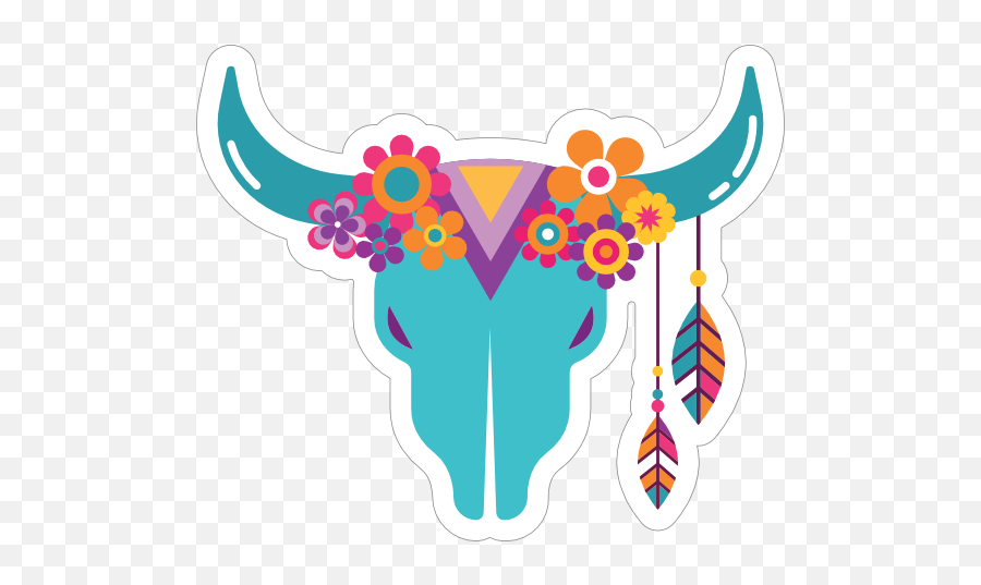 Blue Skull With Feathers And Flowers Hippie Sticker - Illustration Emoji,Dead Flower Emoji
