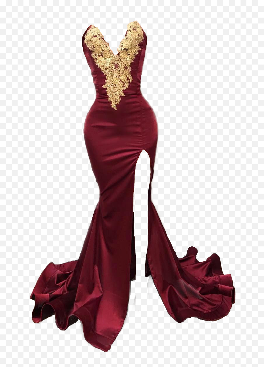 Red Slit Prom Dress With Gold Accents - Burgundy And Gold Prom Dress Emoji,Prom Emoji