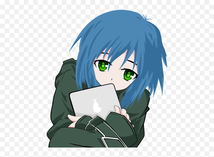 Girl With A Tablet - Cartoon Character Blue Hair Green Eyes Emoji,Dancing Girls Emoji