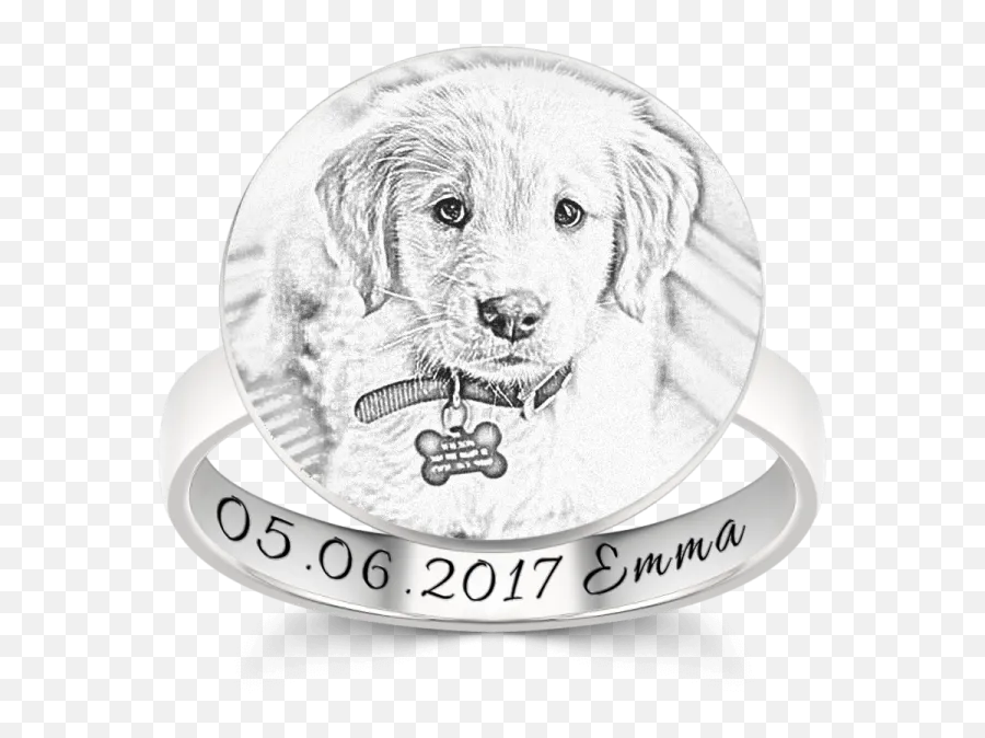 Round Photo Engraved Ring With Engraving Platinum Plated Silver - Labrador Retriever Emoji,Golden Retriever Emoji