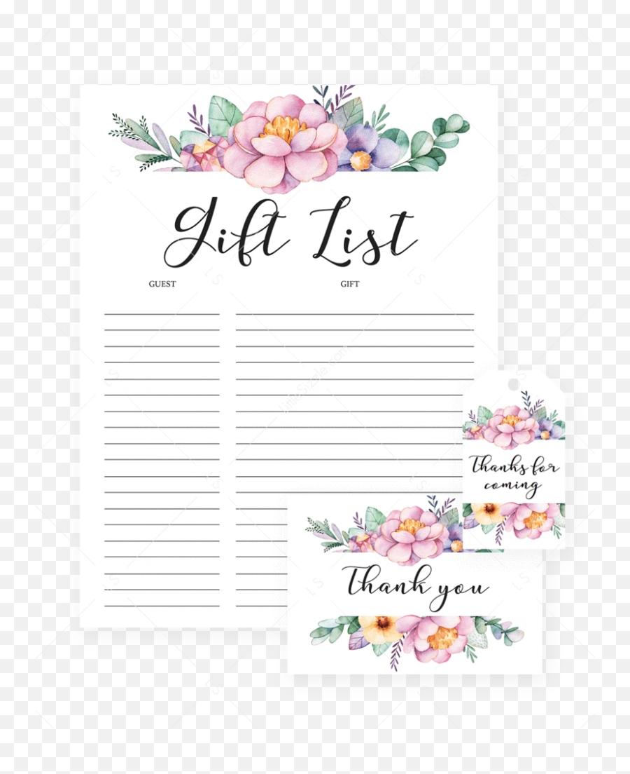 Printable Thank You Card Favor Tag And Gift List With Purple Flowers - Paper Emoji,Violet Flower Emoji