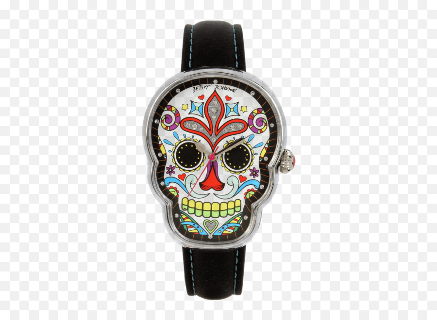Betsey Johnson Ladies Sugar Skull Crystal Dial Accents Black Leather Strap Watch - Analog Watch Emoji,Band Emojis