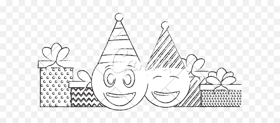 Birthday Emoji Face With Party Hat And Gifts Hand Drawing - Line Art,Party Hat Emoji