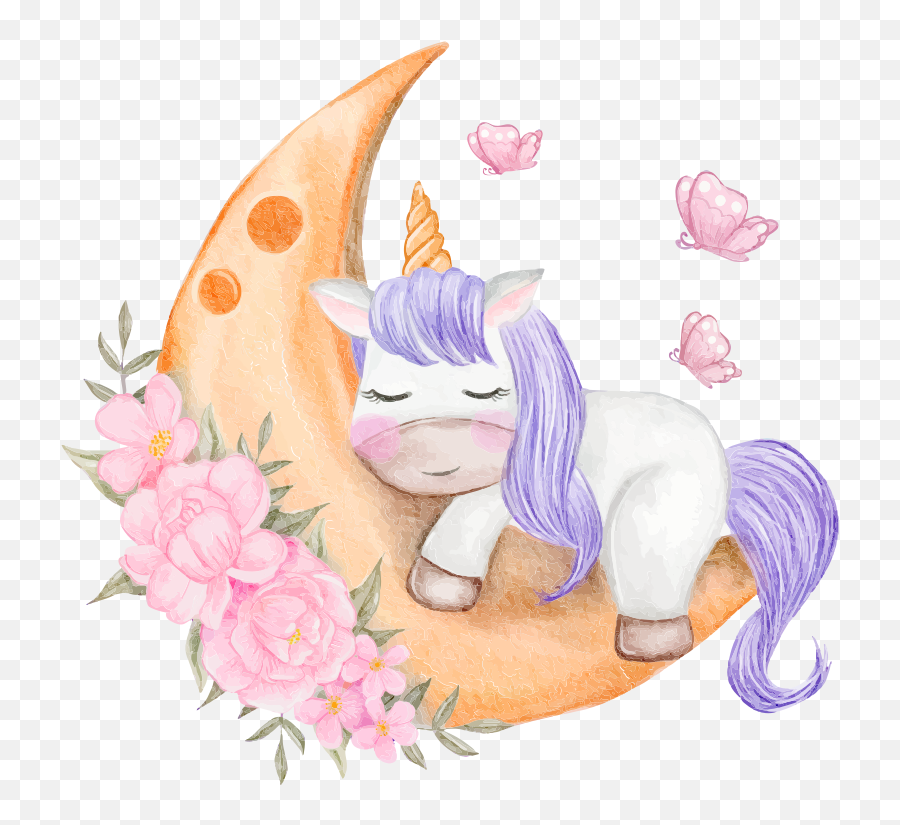 Unicorn With Butterfly Cinema Decal - Watercolor Baby Unicorn Png Emoji,Half Moon Emoji