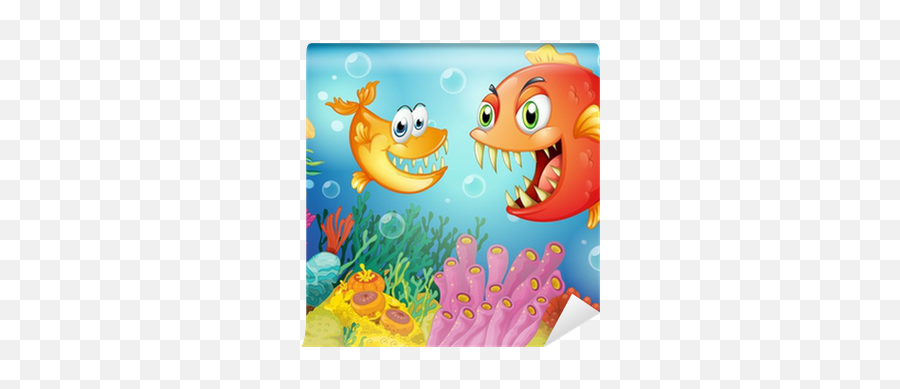 Two Fishes With Big Fangs Under The Sea Wall Mural U2022 Pixers U2022 We Live To Change - Fish Emoji,Jellyfish Emoticon