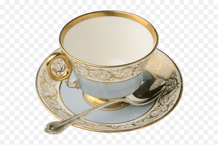 Blue And Gold Tea Cup With Teaspoon Large Transparent - Vintage Cup Of Tea Transparent Background Emoji,Teacup Emoji