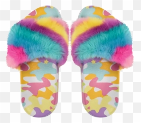 Rainbow Camo Fur Slides - Furry Colorful Slides Emoji,Flip Flop Emoji