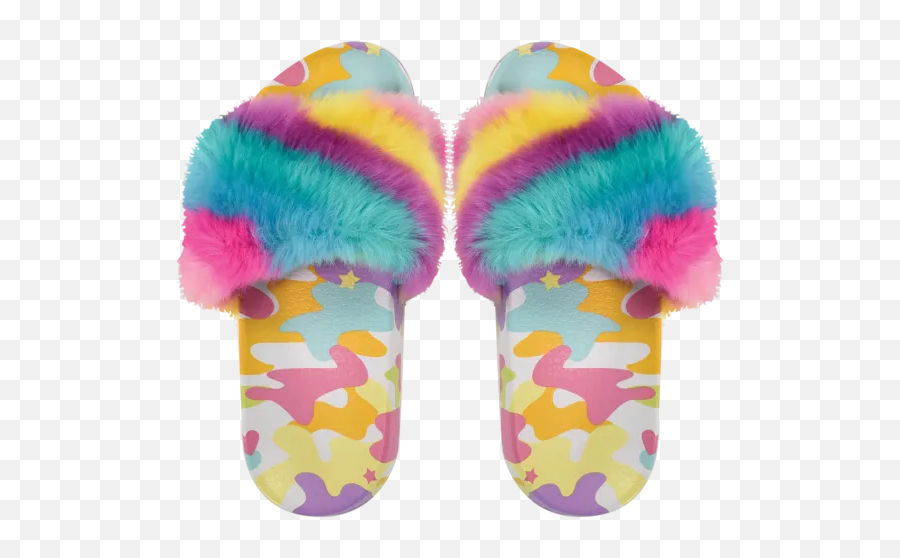 Rainbow Camo Fur Slides - Furry Colorful Slides Emoji,Flip Flop Emoji