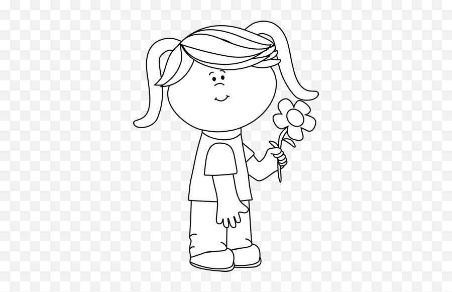 Girl Holding A Flower Clipart Black And White - Clip Art Girl Black And White Emoji,Flower Girl Emoji