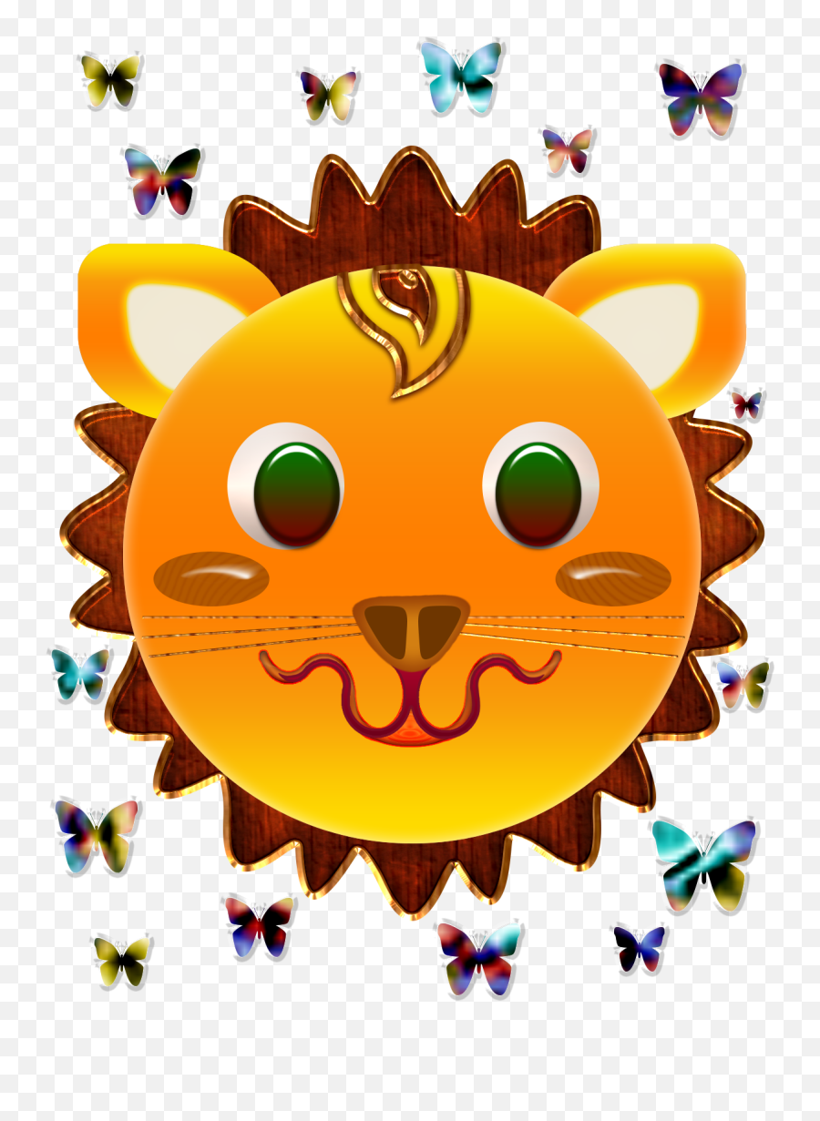 Lion Face And Butterflies - Cartoon Emoji,Lion Emoticon