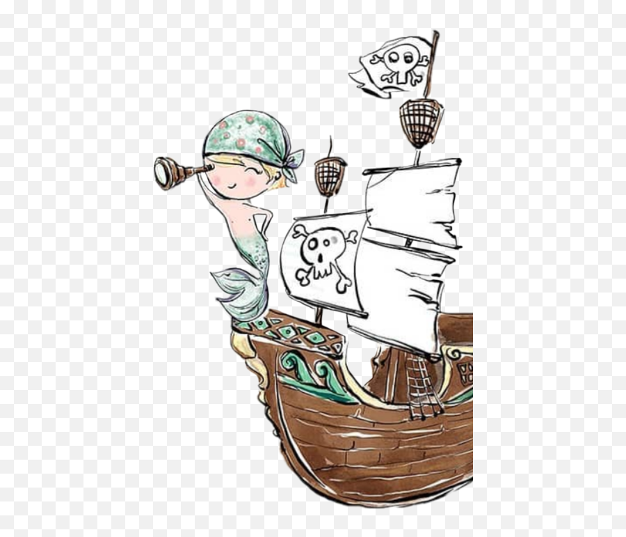 Watercolor Merboy Mermaid Pirate Ship Skullandcrossbone - Cartoon Emoji,Pirate Ship Emoji