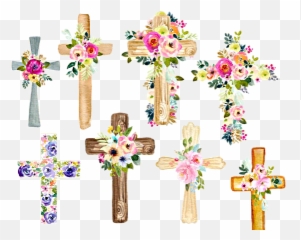 Cross Crosses Flowers Floral Decorative - Clip Art Watercolor Wooden Emoji