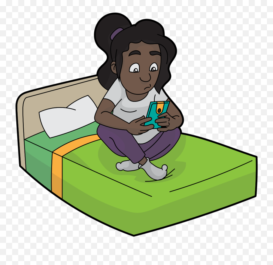 Cartoon Black Woman Using A Smartphone Before Going To - Cartoon Before Going To Sleep Emoji,Emoji Shirt And Pants