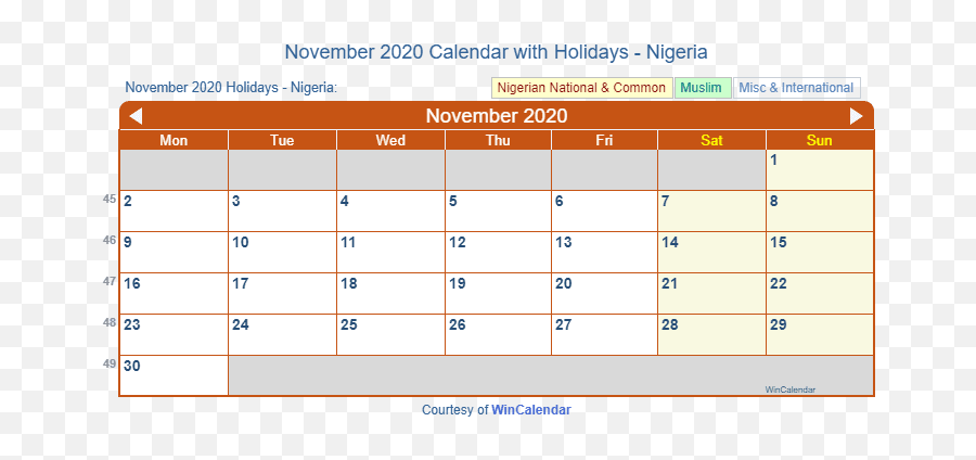 November 2020 Calendar With Holidays - Nigeria Blank July 2010 Calendar Emoji,Emoji For Sagittarius
