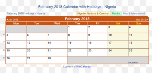 February 2018 Calendar with Holidays - Nigeria Emoji