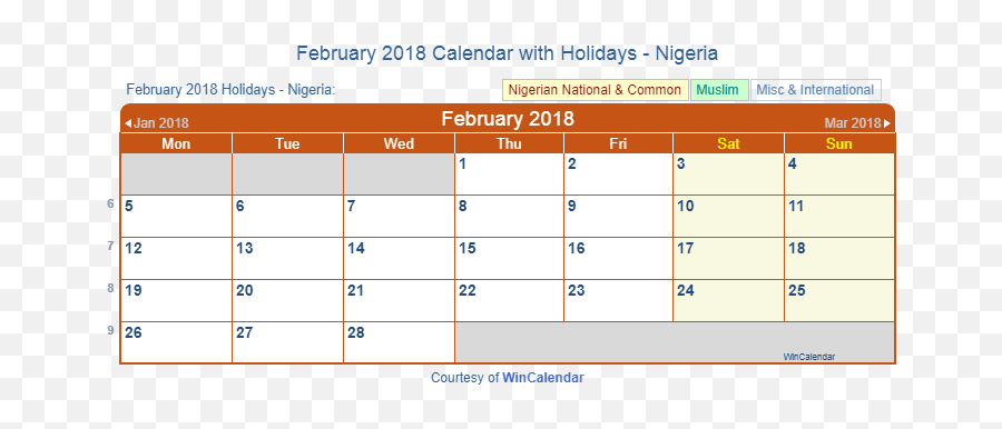 February 2018 Calendar With Holidays - Nigeria Emoji,Aquarius Symbol Emoji