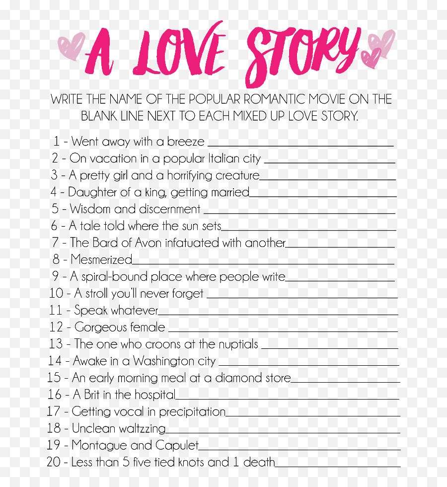 Printable Love Story Bridal Shower Game - Love Stories Title Ideas Emoji,Emoji Movie Titles