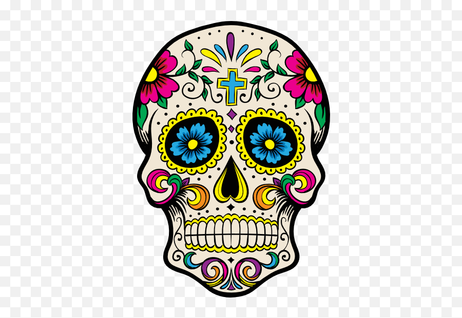 Skull With Flowers And Cross Sticker - Colored Day Of The Dead Skulls Emoji,Dead Skull Emoji