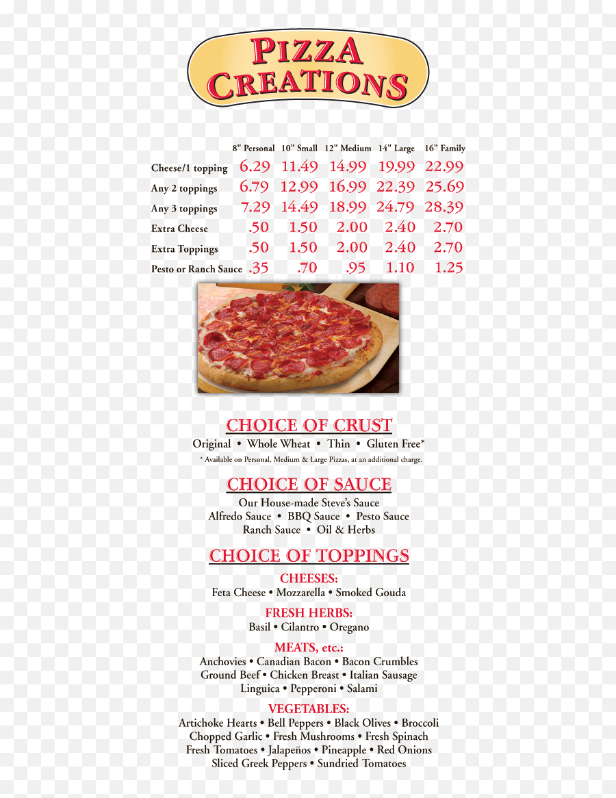 Download Steveu0027s Pizza Chatham Menu Png Image With No - Menu De Restaurante Pizza Png Emoji,Salami Emoji