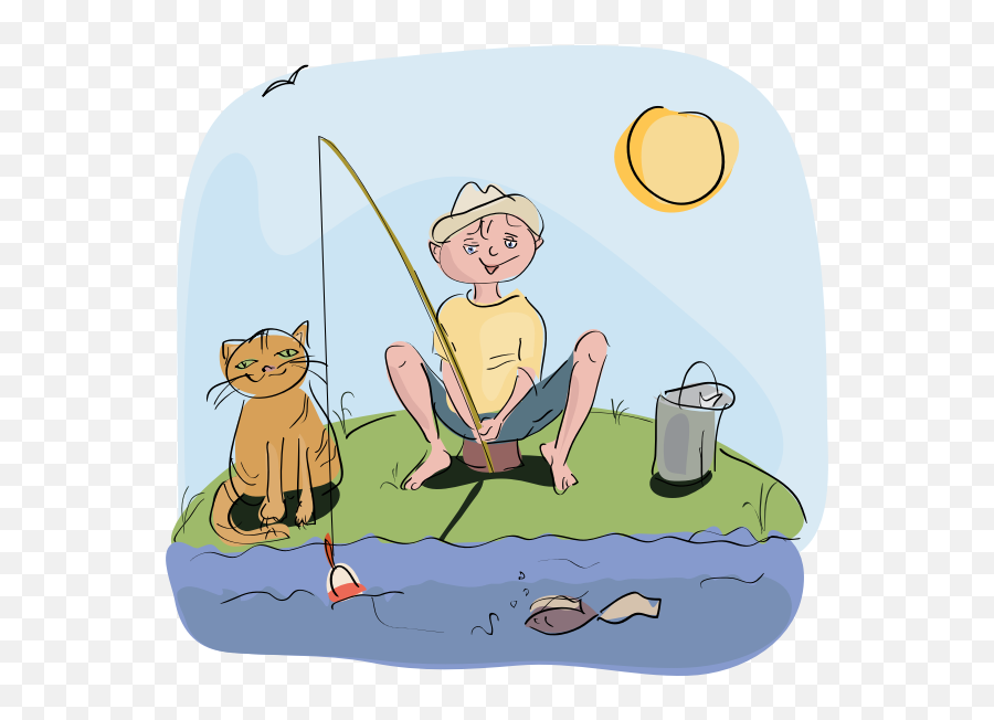 Boy And Cat Fishing Vector Drawing - Patience Clip Art Emoji,Fish Moon Emoji