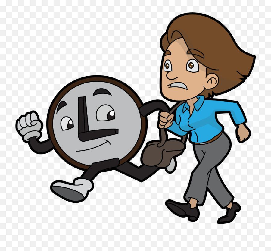 Cartoon Woman Rushing And Running With A Big Clock - Cartoon Running Clock Emoji,Running Emoji Text