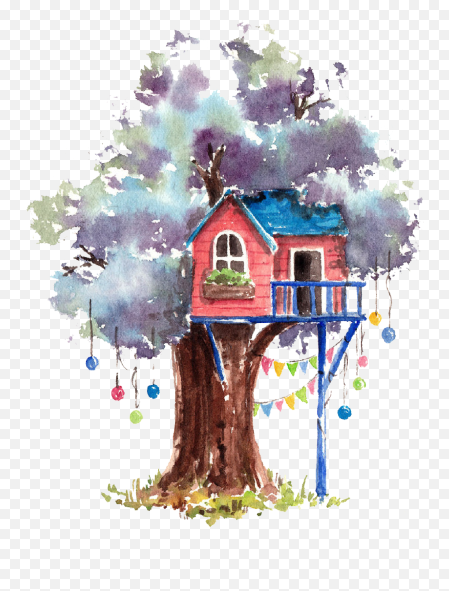Ftestickers Watercolor Tree Treehouse - Painting Of Tree House Emoji,Treehouse Emoji