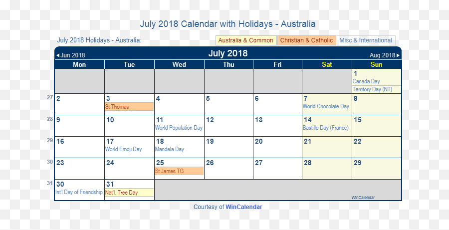 Print Friendly July 2018 Australia Calendar For Printing - Number Emoji,Calendar Emoji