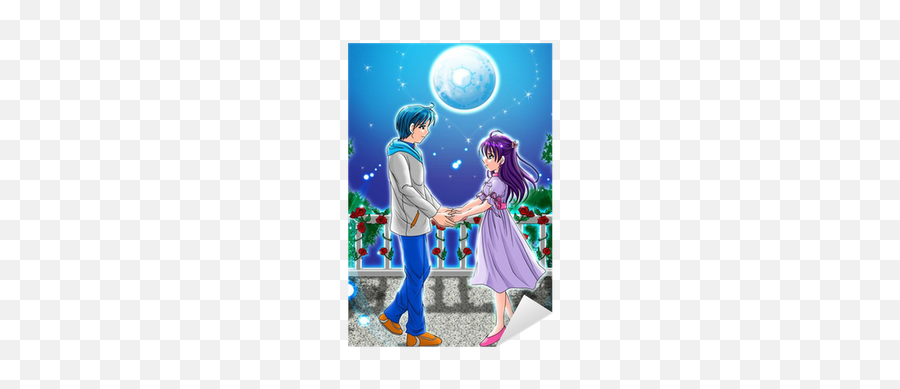 Illustration Of A Couple Holding Hands Under The Moonlight Sticker U2022 Pixers - We Live To Change Animated Couple Holding Hands Emoji,Cuddle Emoticons
