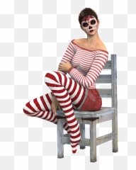 Woman Sitting Chair Striped Stockings - Emoji