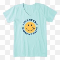 Womens Adventure Makes Me Happy Crusher Vee - Life Is Good Book Shirt Emoji,Oh Well Emoticon