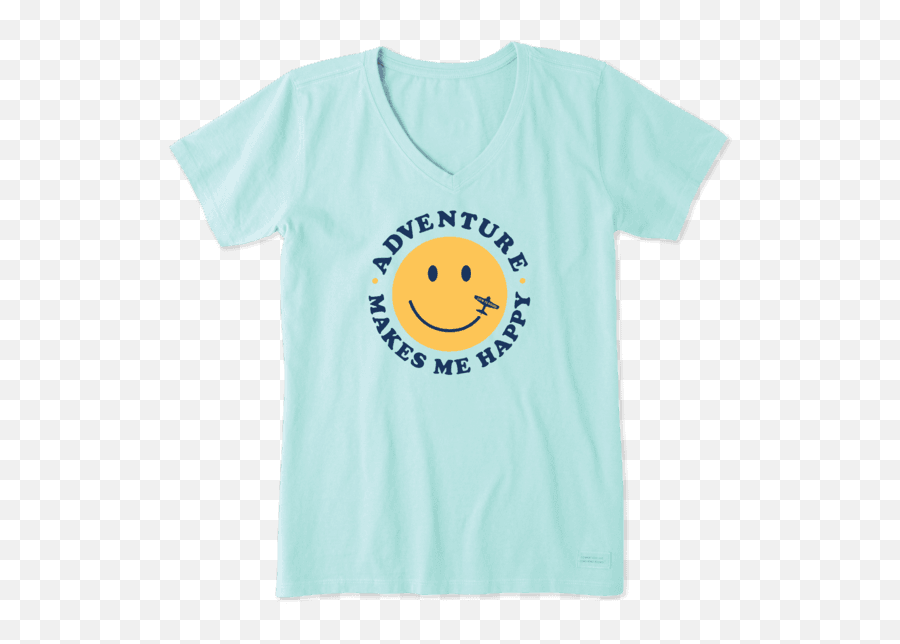Womens Adventure Makes Me Happy Crusher Vee - Life Is Good Book Shirt Emoji,Oh Well Emoticon