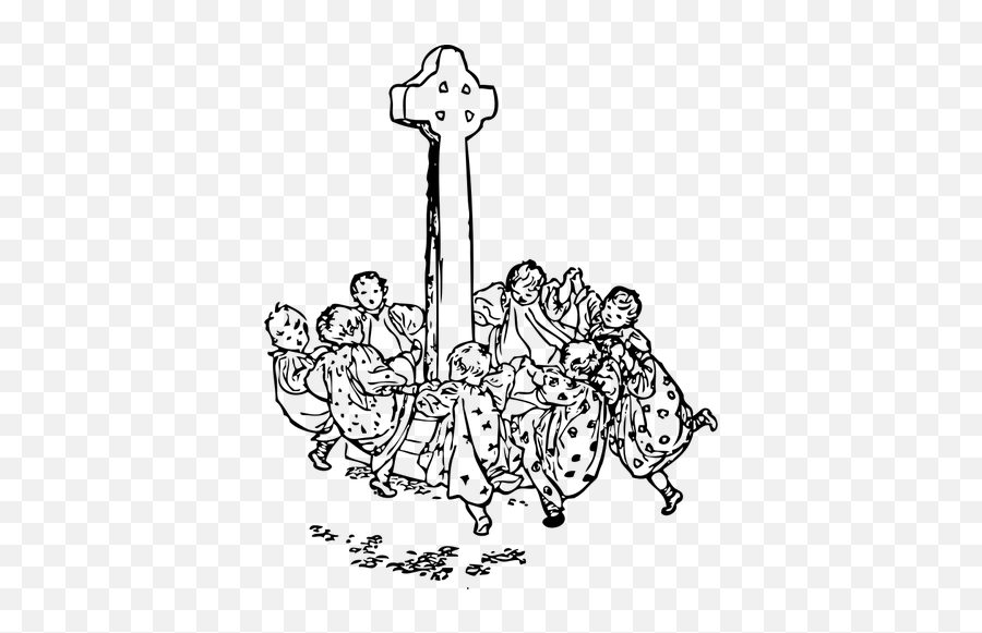 Kids Dancing Around The Celtic Cross Vector Drawing - Here We Go Round The Mulberry Bush Colouring Pages Emoji,Dancing Girls Emoji