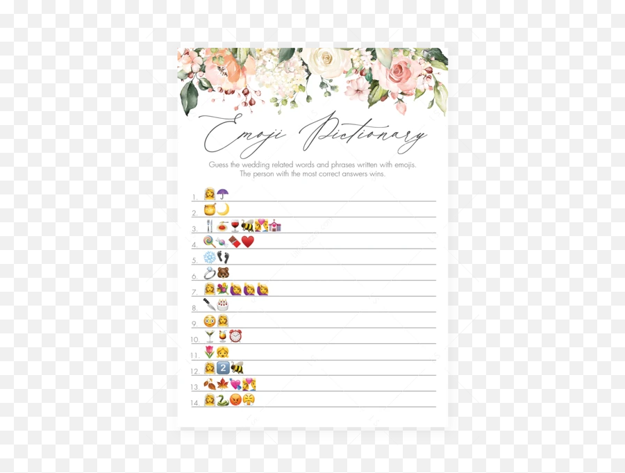 Blush Bridal Emoji Pictionary Game Printable - Bridal Shower Emoji Game,Spring Emojis