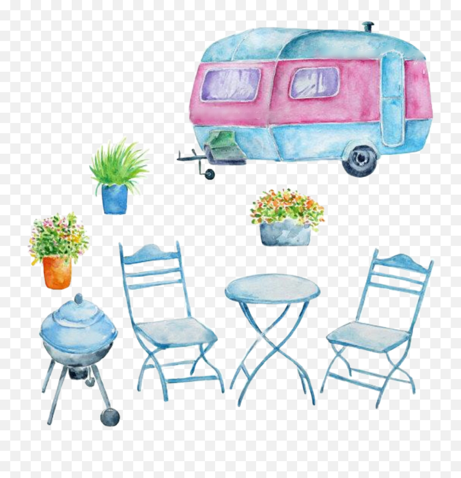 Watercolor Handpainted Camper Campingtrailer Pink Bbq - Caravan Watercolour Emoji,Camper Emoji