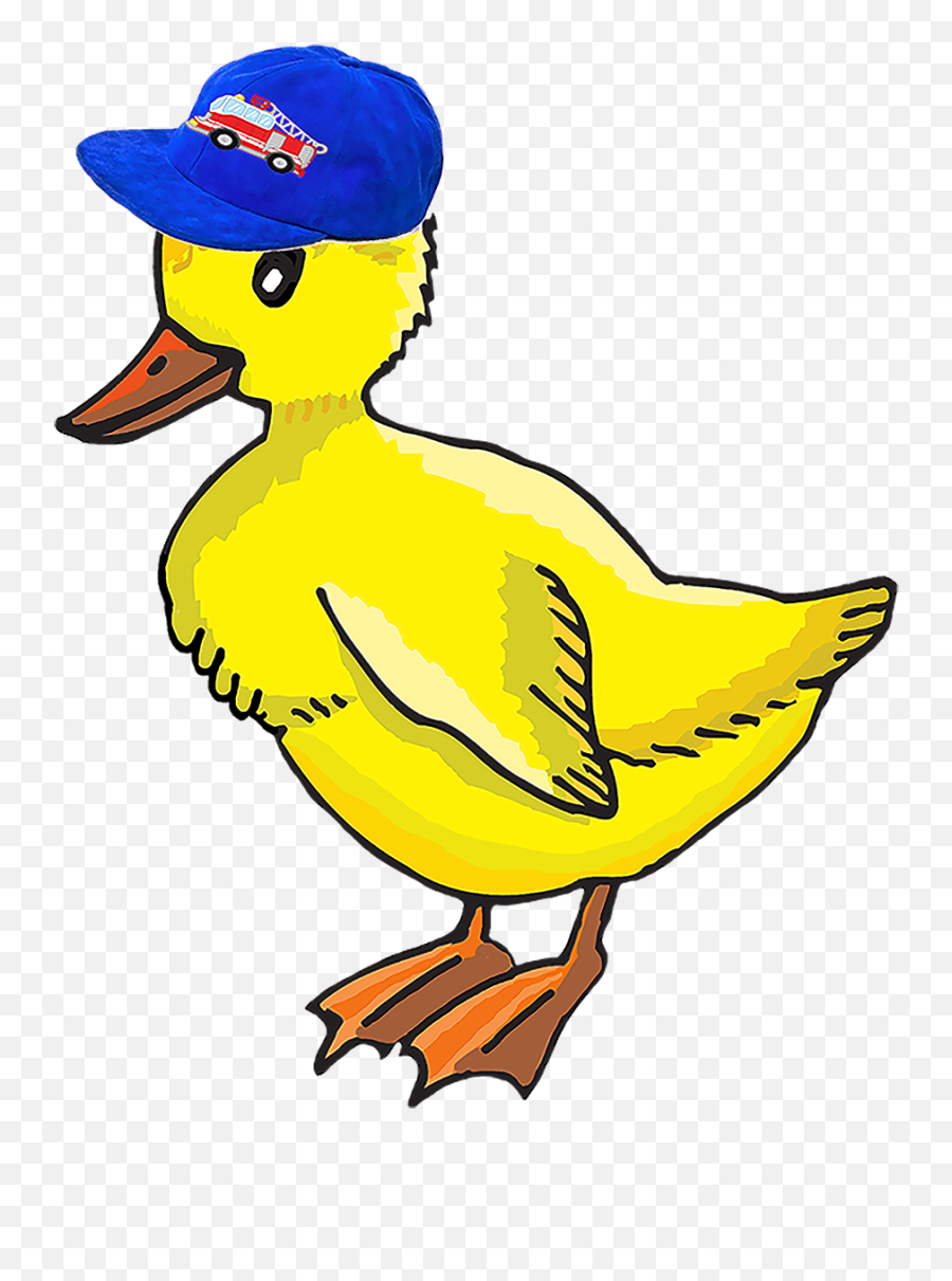 A Drawing Of A Duckling With A Fire Truck On Its Blue - Cute Duck With Cap Drawing Emoji,Fire Truck Emoji