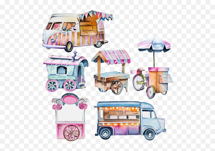 Watercolor Cart Foodtruck Icecreamtruck Truck Vehicle - Watercolor Icecream Truck Png Emoji,Food Truck Emoji