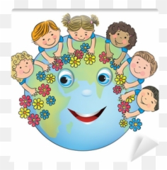 Children Hugging Planet Earth Wall Mural U2022 Pixers - We Live To Change Cartoon Earth Day Emoji,Hugging Emoticon