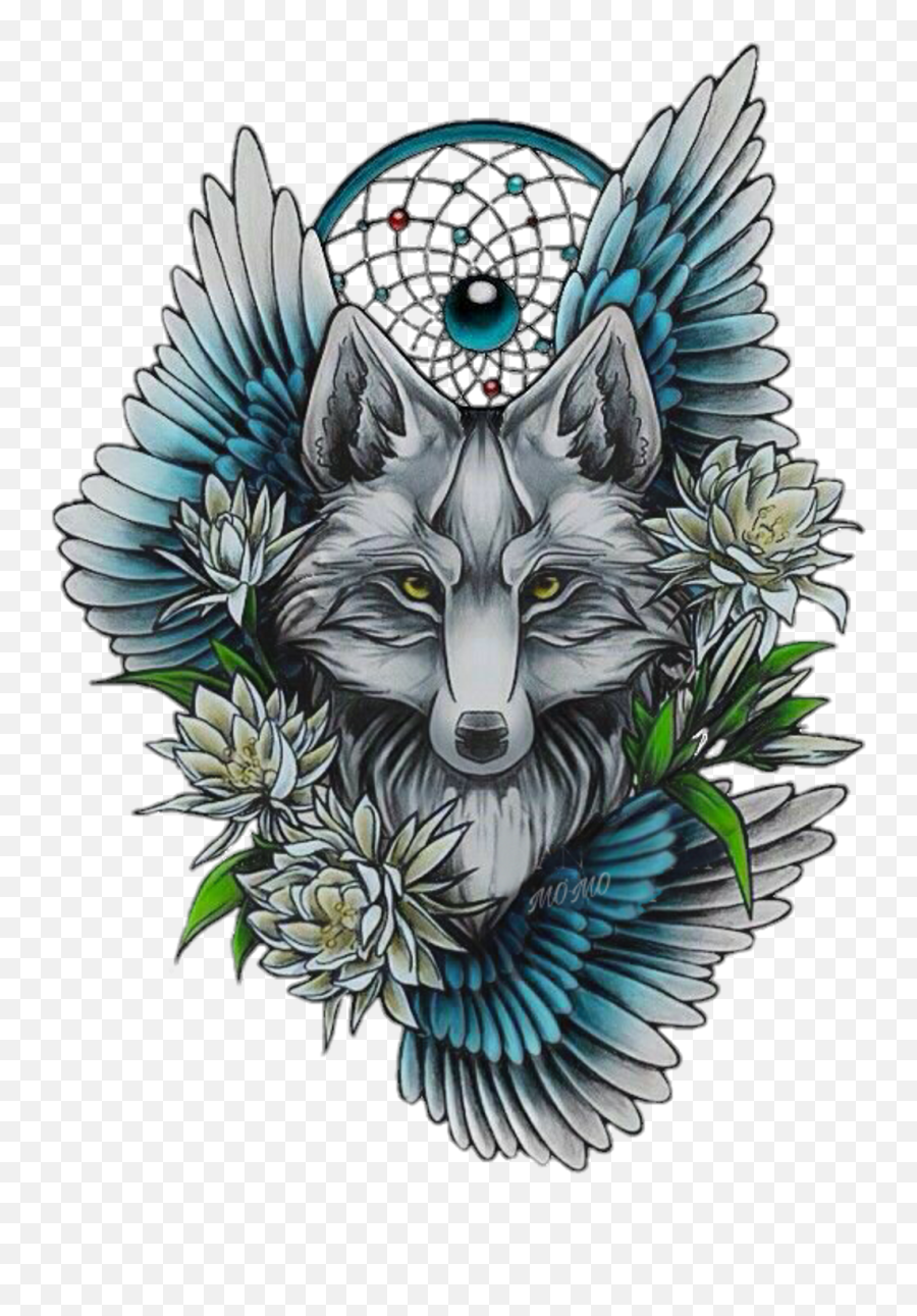 Wolf Dreamcatcher - Wolf With Flowers Tattoo Hd Png Dream Catcher Tattoo Hd Emoji,Wolf Emoji Png