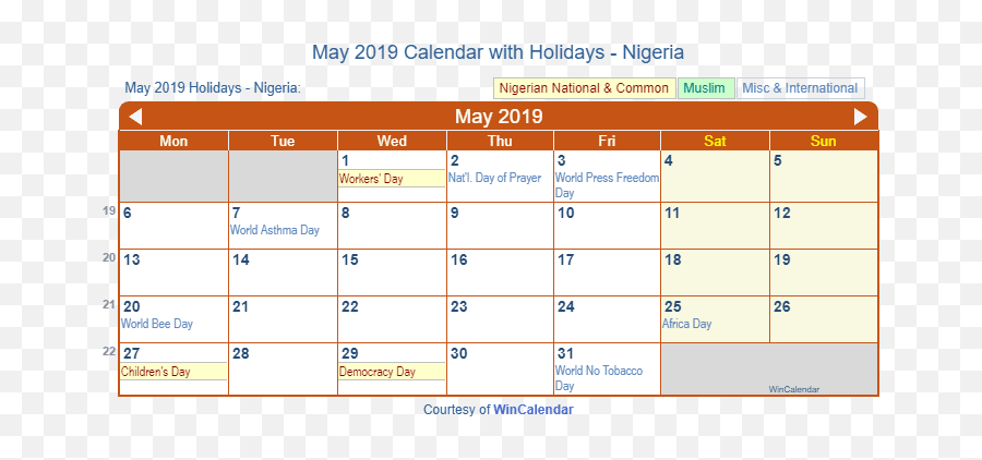 May 2019 Calendar With Holidays - Nigeria July Calendar 2011 Emoji,Taurus Symbol Emoji