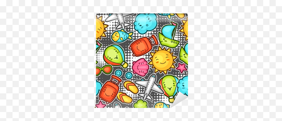 Seamless Travel Kawaii Pattern With Cute Doodles Summer Collection Of Cheerful Cartoon Characters Sun Airplane Ship Balloon Suitcase And - Suitcase Emoji,Ship Emoticon