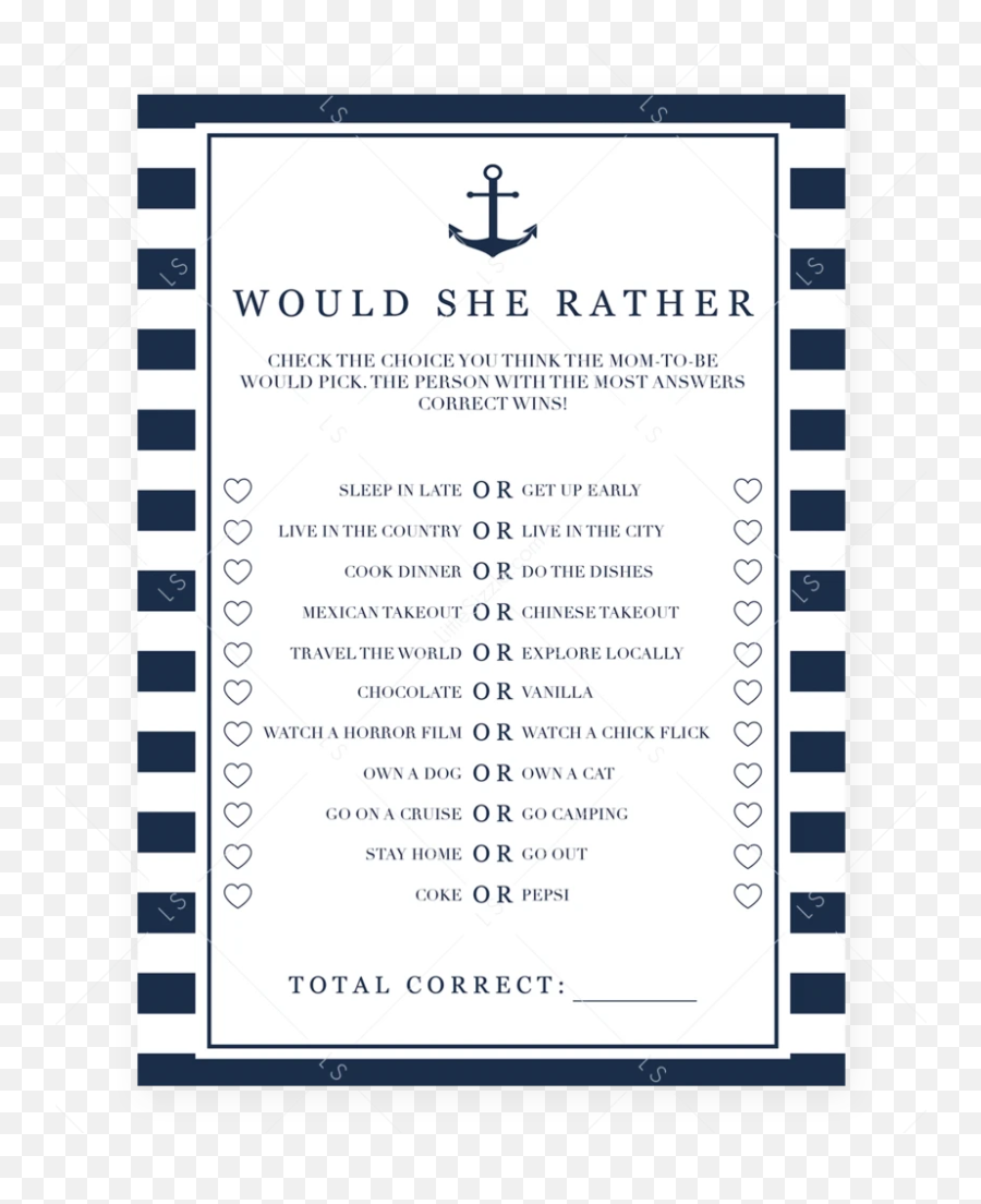 Nautical Baby Shower Game Would She - Printable Would She Rather Baby Shower Game Emoji,Mexican Emoji App