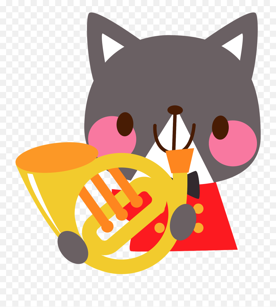 Gray Cat Is Playing The French Horn - Brass Instrument Emoji,French Horn Emoji