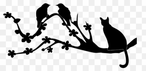 Cat And Birds - Black On Branch Silhouette Emoji