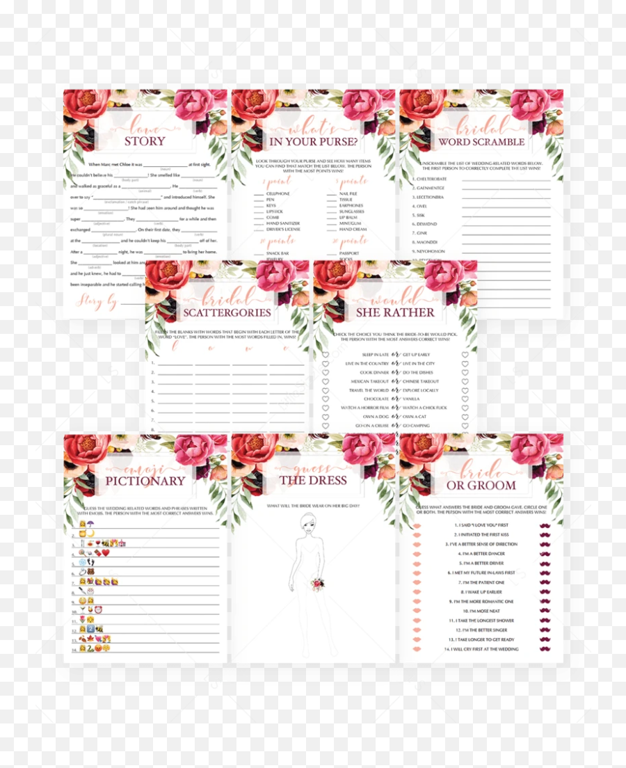 Unique Game Cards For Floral Bridal Shower Party Printables - Paper Emoji,Huge Kiss Emoji