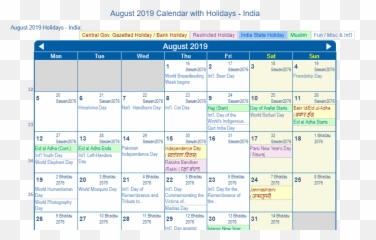 August 2019 Calendar with Holidays - India Feb 2020 Emoji