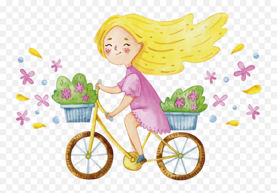Spring Flower Bike Illustration Wall Art - Niña En Una Bicicleta Emoji,Flower Girl Emoticon
