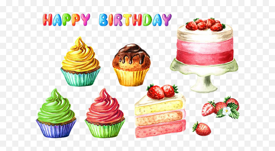 Watercolor Happybirthday Birthday Cake - Birthday Emoji,Emoji Birthday Cupcakes