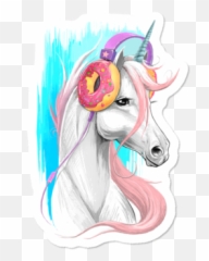 Unicorn Stickers Design By Humans - Unicorn With Doughnut Headphones Emoji,Emoji Man Plus Horse