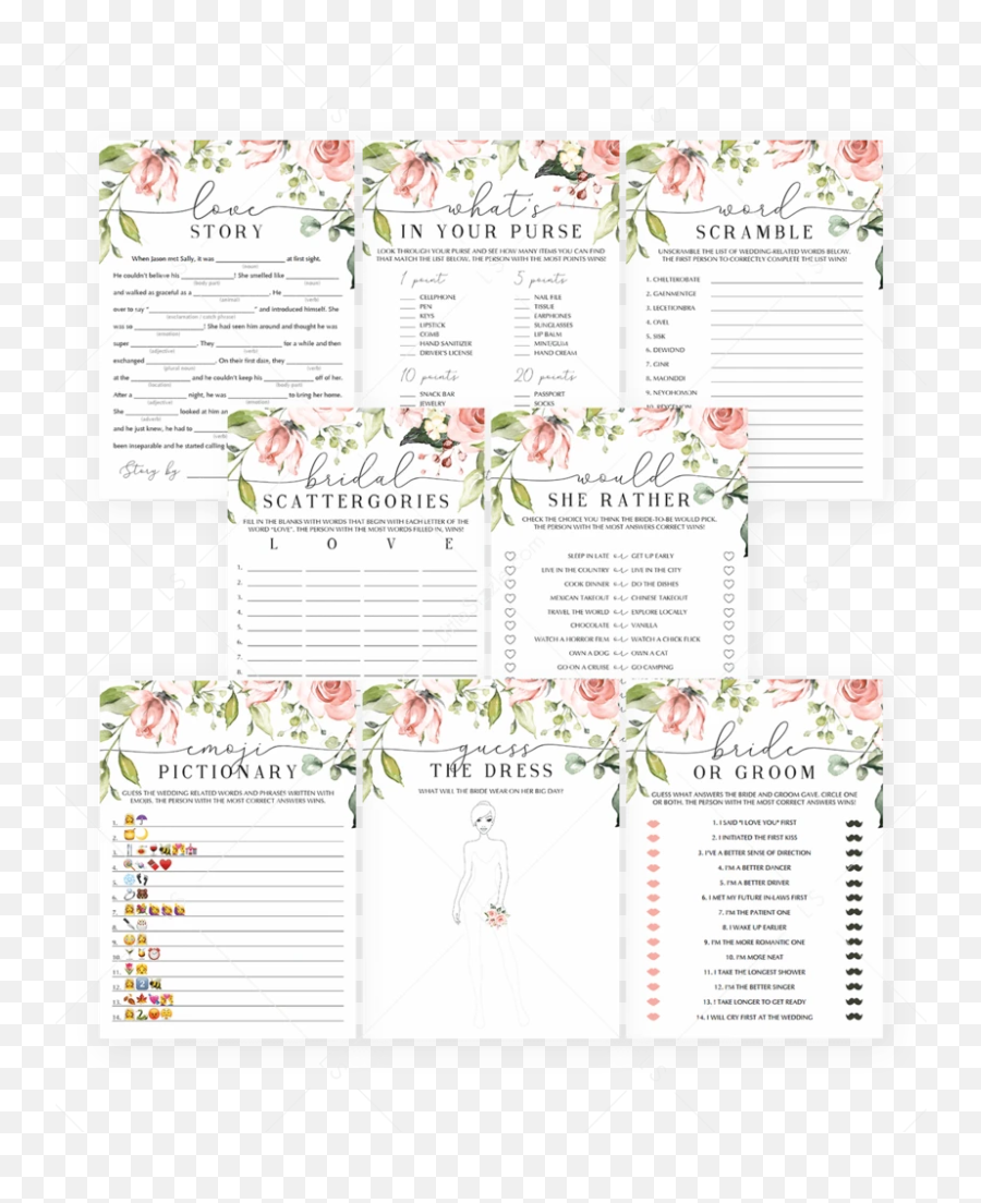 Complete Wedding Shower Games Package Printables - Document Emoji,Blushing Emoji Meaning